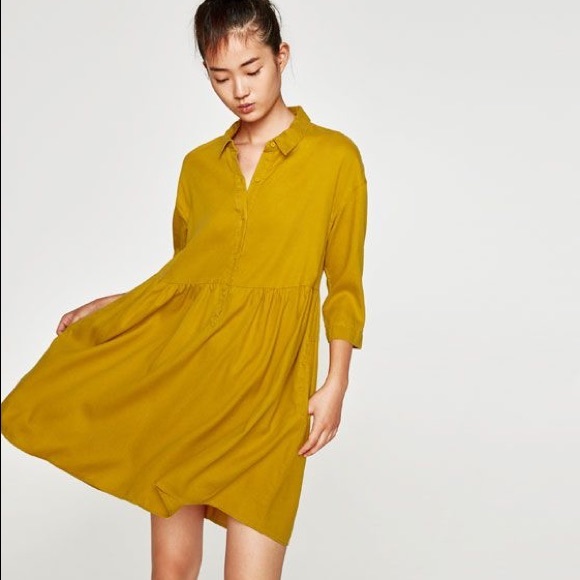 Zara Dresses & Skirts - Zara | Ruffled Golden Shirt Dress S